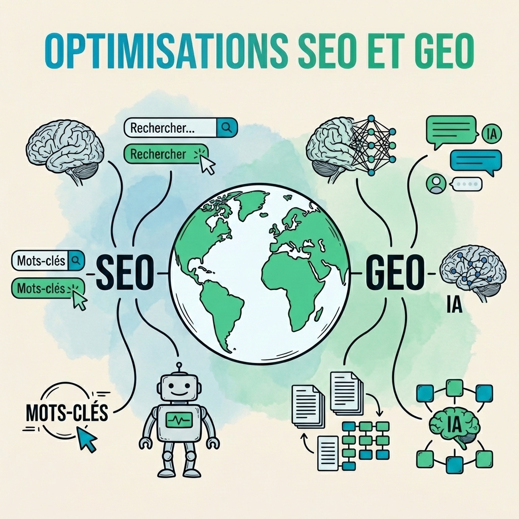 Infographie des optimisations techniques SEO et GEO : recherche de mots-clés, intelligence artificielle, balisage structuré et stratégie de crawl pour le référencement en Seine-et-Marne – Agence SEO 77