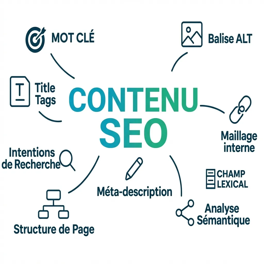 Infographie contenu SEO : mot clé, balise alt, maillage interne, champ lexical, analyse sémantique, méta-description, structure de page, intentions de recherche et title tags – Agence SEO 77